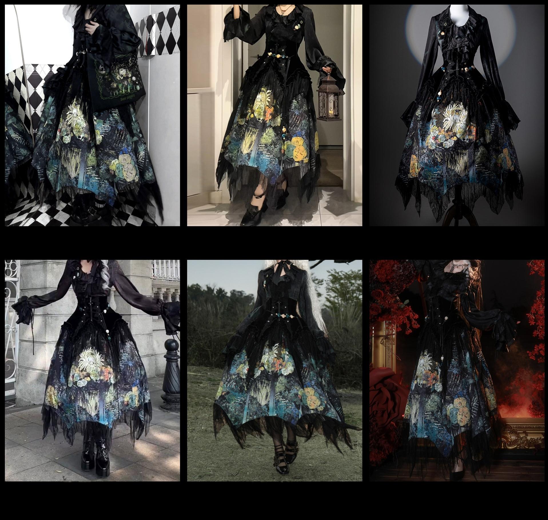 Bone Garden - Printed Gothic Lolita Skirt, Boning Corset