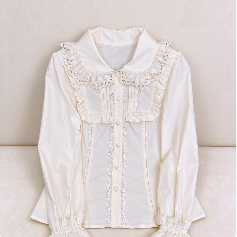 Frostgrain - Cotton Sweet Lolita Long Sleeve Blouse, Peter Pan Collar (Ivory / L M S XL) 46094:874658