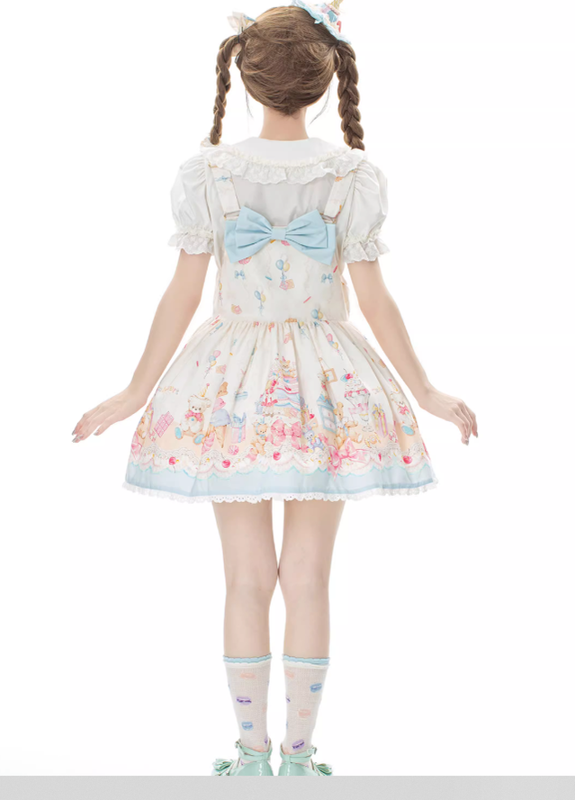 GD Lolita~Cake House~Sweet Lolita Bear Print Blue Dress Set   