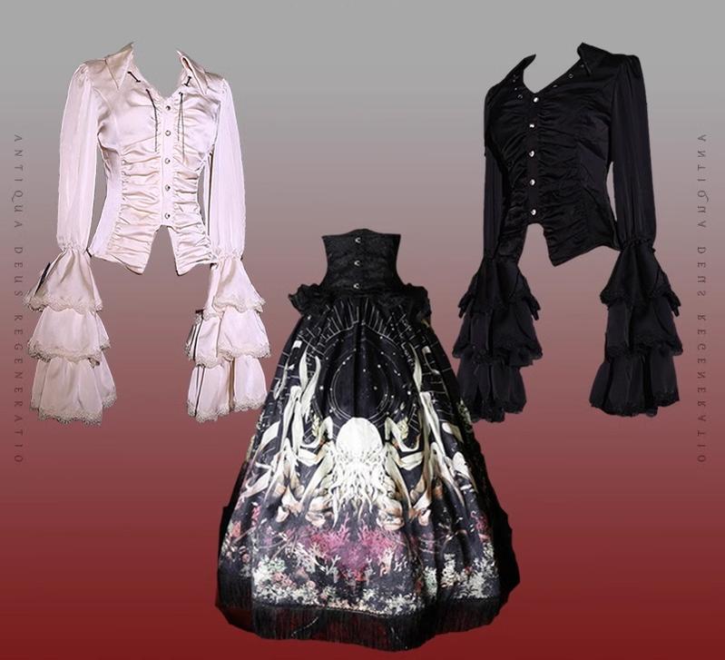 (BFM)Caged Bird Hotel~Reborn Ancient God~Gothic Lolita Shirt Lolita Skirt Set S Black and white double shirts full set 