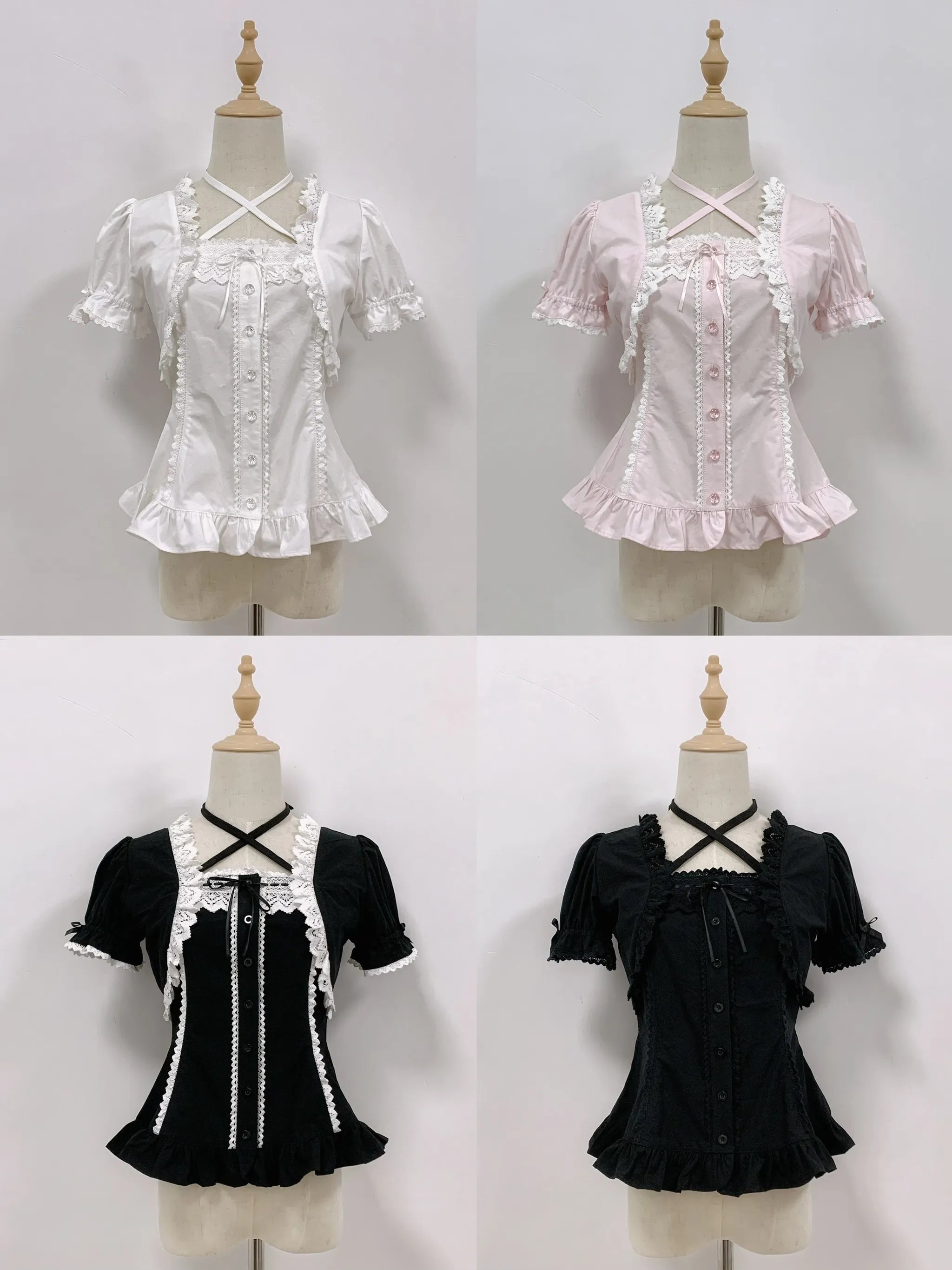 Haruhime Momoko - Cotton Old School Lolita Blouse, Cross Halter Neck