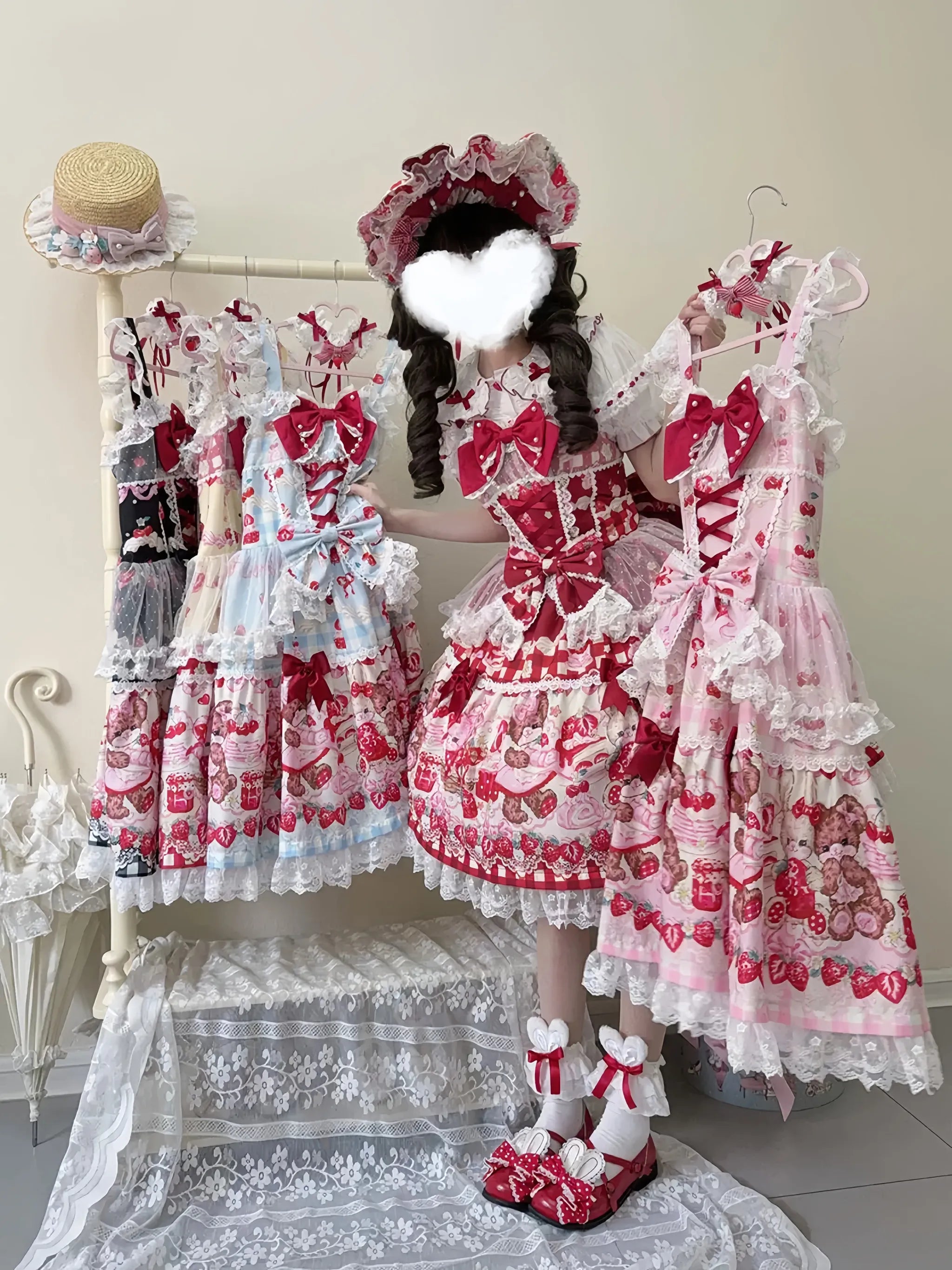 SweetBerry Bunny Bear - Sweet Lolita Tiered Lace JSK Dress, Strawberry and Bear Print