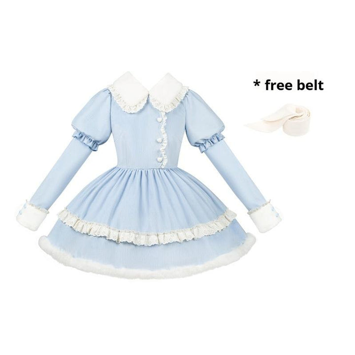 With PUJI~Rabbit&Alice~Sweet Twin Lolita OP Dress Doll Apron Dress Set Blue OP + Waist Tie Only S