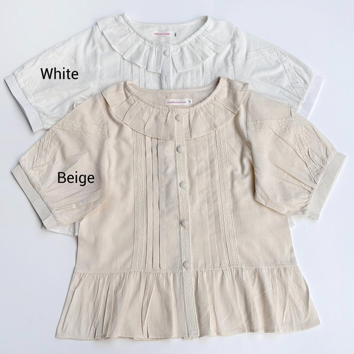 MIST~Spring Retro~Cotton Kawaii Lolita Shirt with Ruffled Neck and Lace Detail (L M S XL) 42777:753215