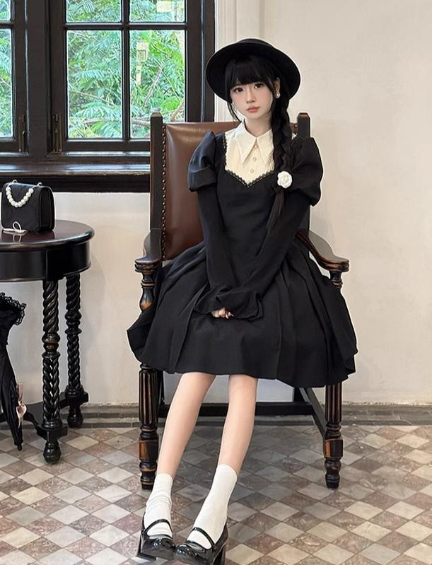 Mengfuzi~Gothic Lolita OP Dress Nun Style Fishbone Skirt   