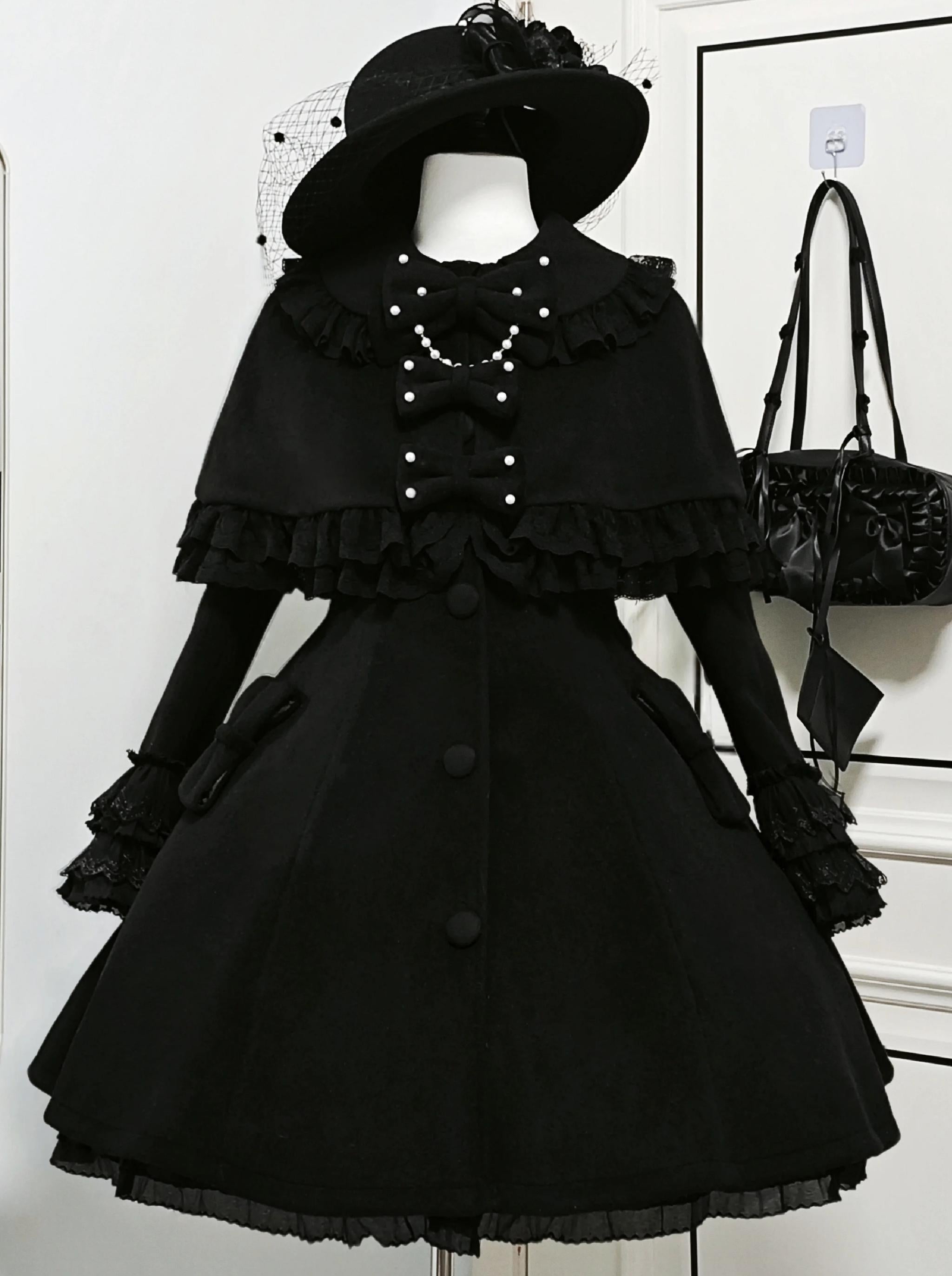 Lace Heart-Knot - Winter Sweet Lolita Lace Cape Coat, A-line Fit Black Coat Only (regular) S