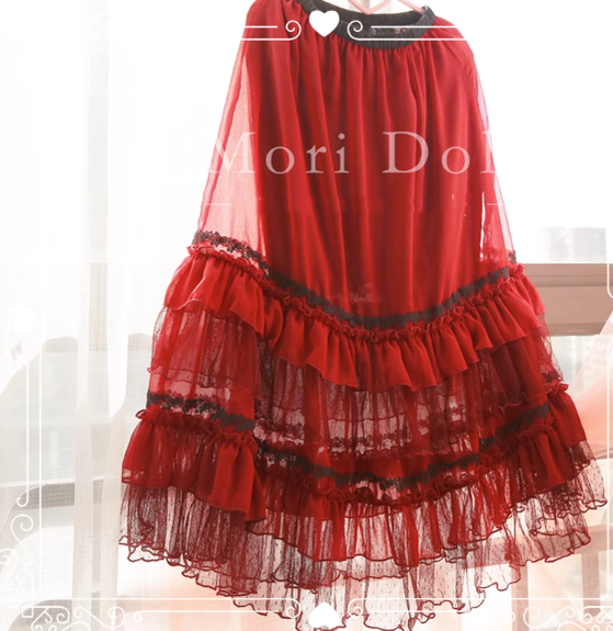 Mori Doll - Elegant Lolita Flounce Hemline Skirt Multicolors red S