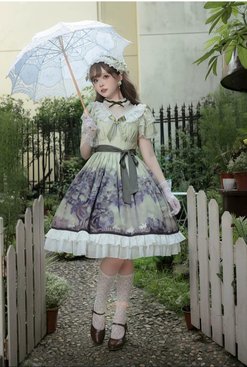 Grape Manor - Back Zipper Classic Lolita OP Dress, Bunny and Grape Print
