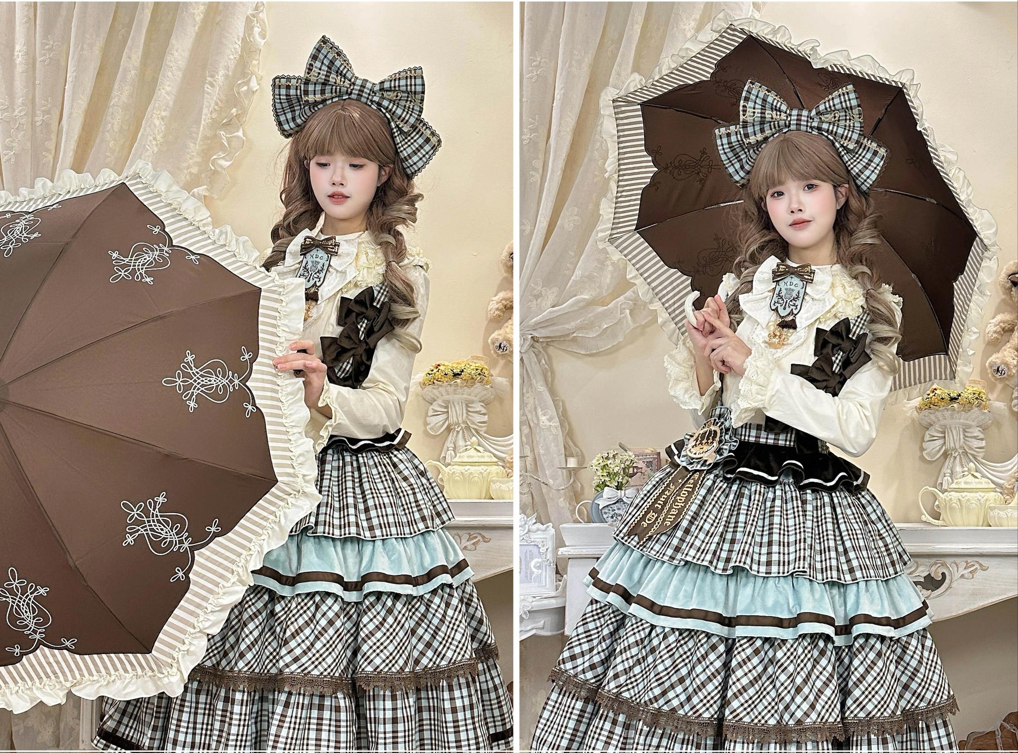 Lyre Academy - Classic Lolita 2-Fold Parasol, Lyre Print & Embroidered Trim 45679:858507