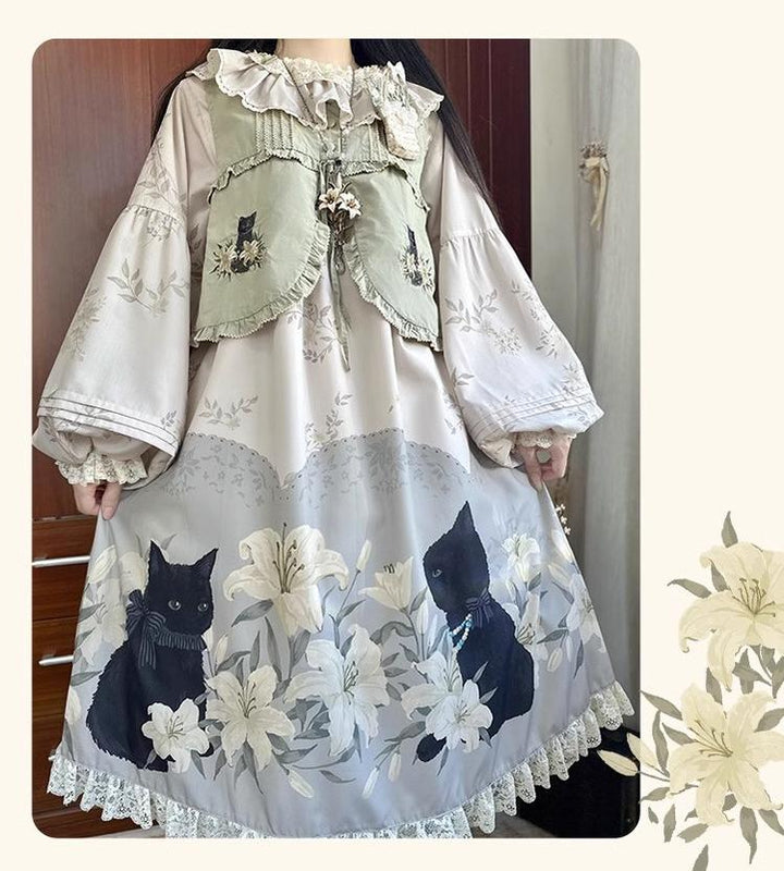 Akiyama Future Studio~Black Cat and Lily~Loose Kawaii Lolita OP Dress with Vest and Hat