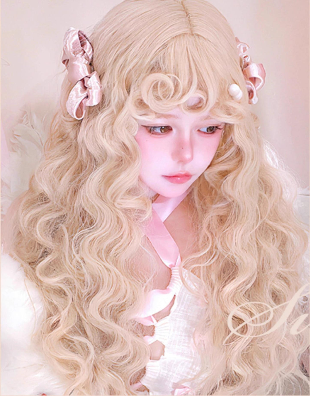 Sinwavy~Sweet Lolita Curly Wig Creamy Gold Bangs Wool Roll Wig   