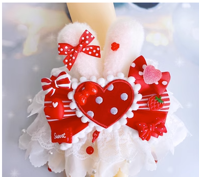 (Buy for me)Sweetheart Endless~Sweet Lolita Lace Rabbit Ears Cuffs Multicolor a red heart badge (not cuff)  