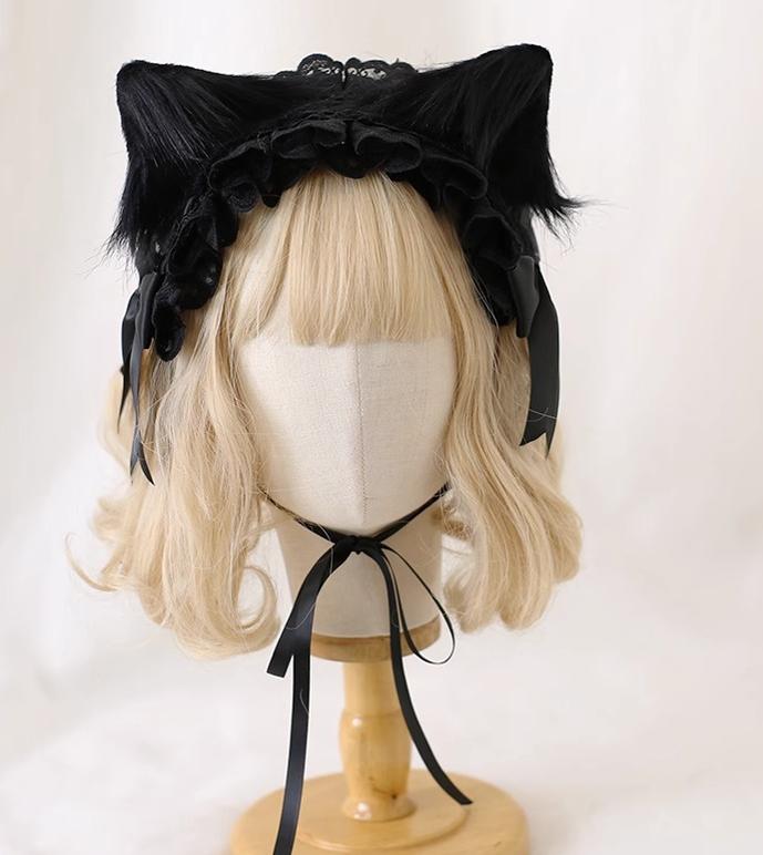 Xiaogui~Gothic Lolita Headband Cat Ear Hairpin Black cat ears + black headband  