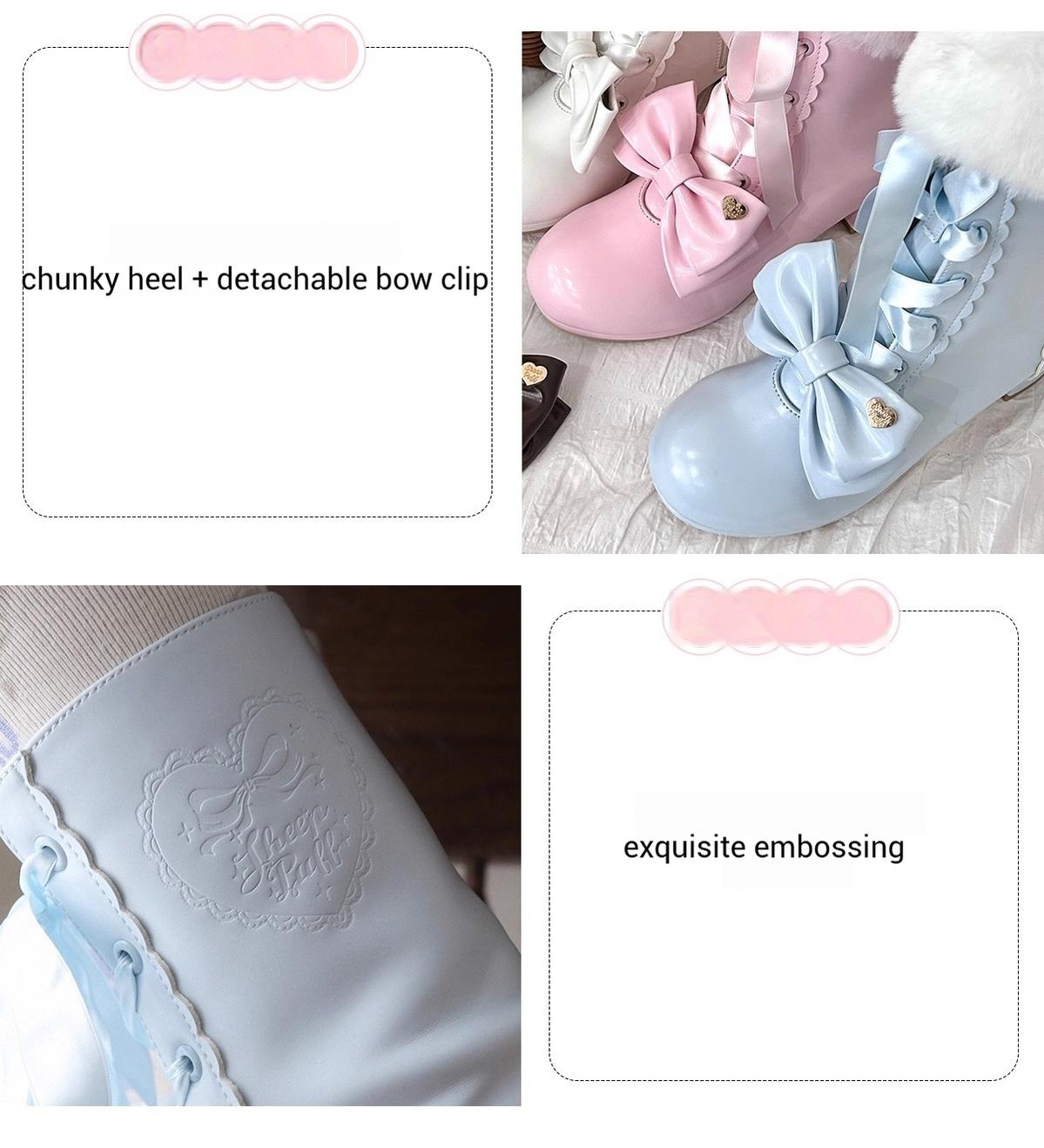 Sheep Puff - Snowy Mochi - Kawaii Lolita Winter Boots, Detachable Fur Trim 43995:791501