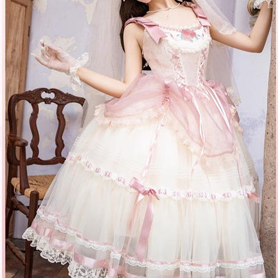 Flower and Pearl Box~Silk Ballet~Wedding Lolita Pink Bridal JSK Set   