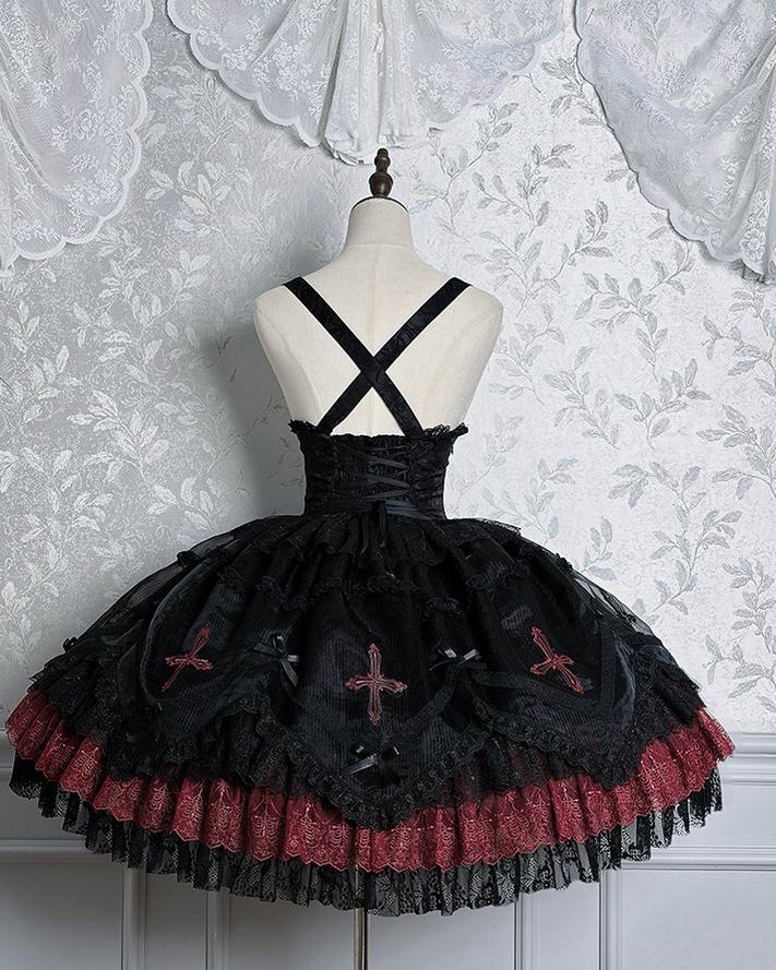 Dark Fog Feast - Gothic Lolita Bust-support Strap Dress, Lace & Cross