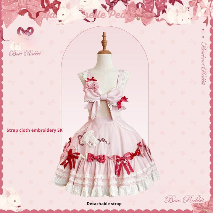 Mademoiselle Pearl~Bow Bunny~IP Collab Sweet Lolita OP Dress Bow JSK OP XS Embroidered Suspender Skirt 