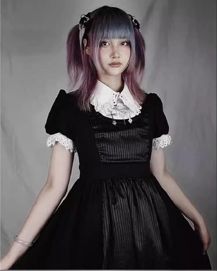 (BFM)Kunonoku~Dolly Toy~Retro Lolita Faux False Two-piece Black OP Dress   