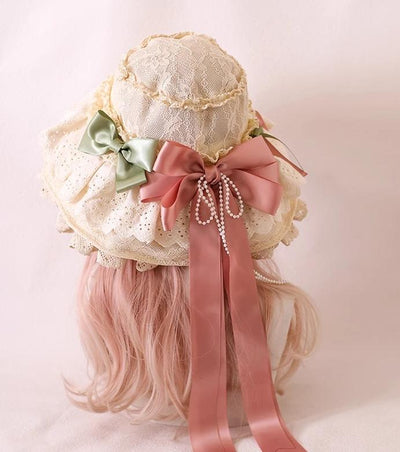 Xiaogui~Elegant Lolita Sunshade Hat Floral Bow Hats One size fits all. The brim has soft wires that can be shaped. Satin ribbon in Korean pink and light green (lace hat) 