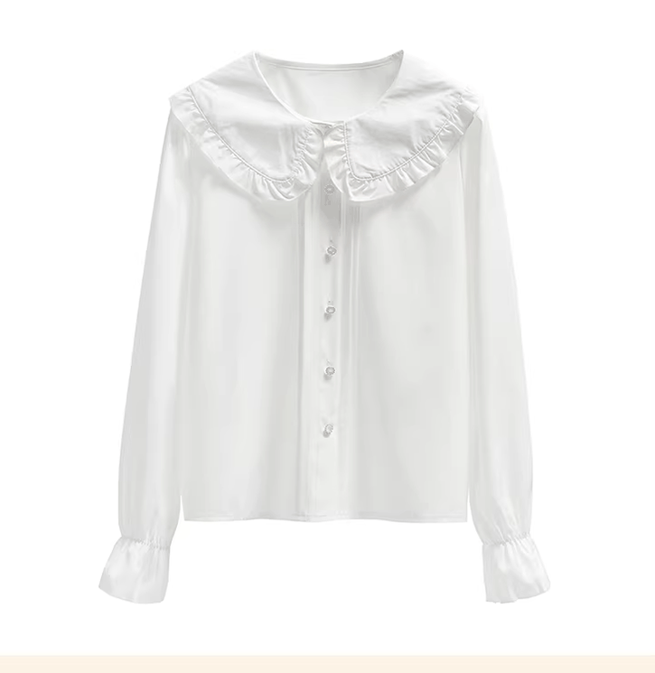 Niu Niu - Plus Size Lolita Shirt Long Sleeve Doll Collar Blouse White L
