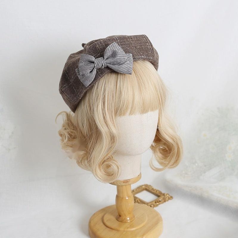 Xiaogui~Japanese Sweet Lolita Beret Winter Daily Plaid Hat M Light Brown Beret with Grey Bow