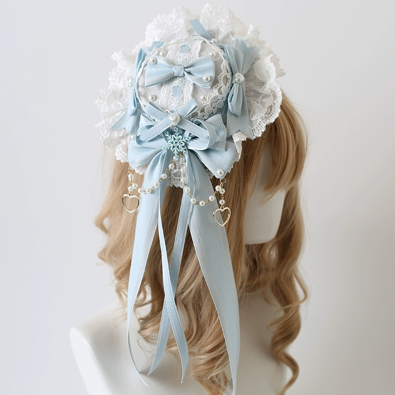 Xiaogui~Christmas Classic Lolita Lace Bow Ice Blue Bonnet Christmas G Lolita Small Bonnet Blue  