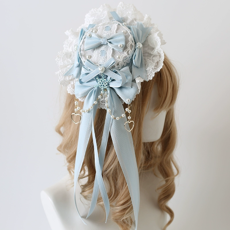 Xiaogui~Christmas Classic Lolita Lace Bow Ice Blue Bonnet Christmas G Lolita Small Bonnet 32214:384474