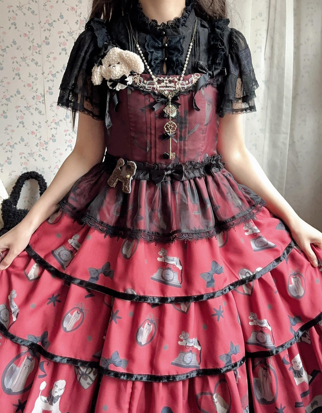 LittlePlum~Telephone Dog~Black Red Classic Lolita Dress Set with OP JSK and Skirt