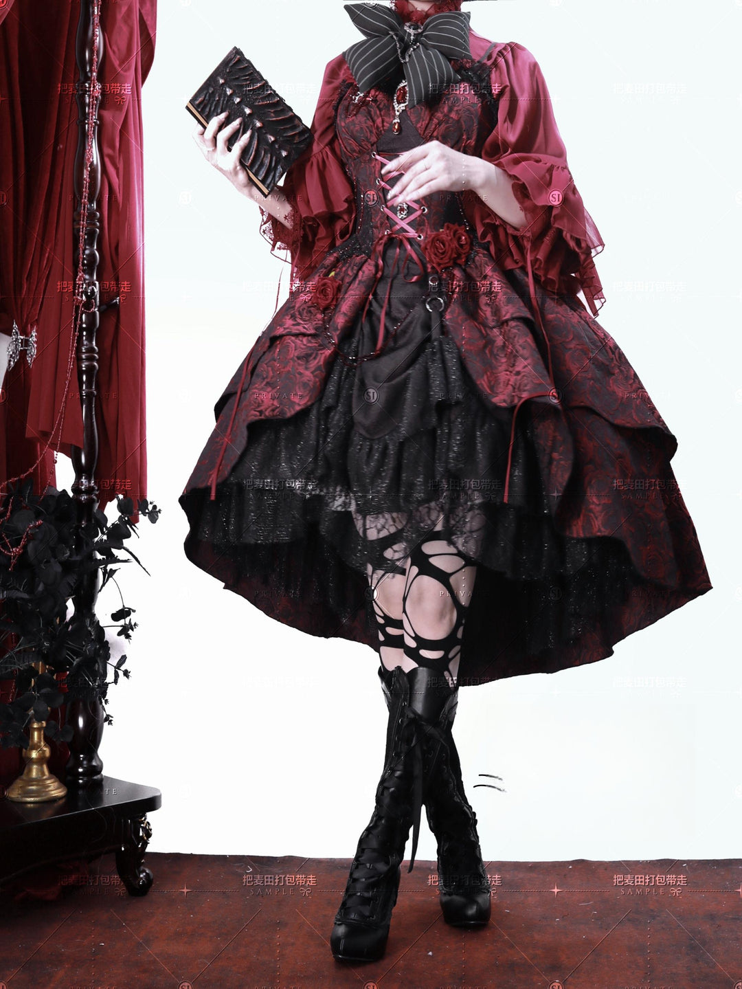 Cornfield Lolita~Rose Blood~Black Red Gothic Lolita JSK Jacquard Court Dress 40688:673102