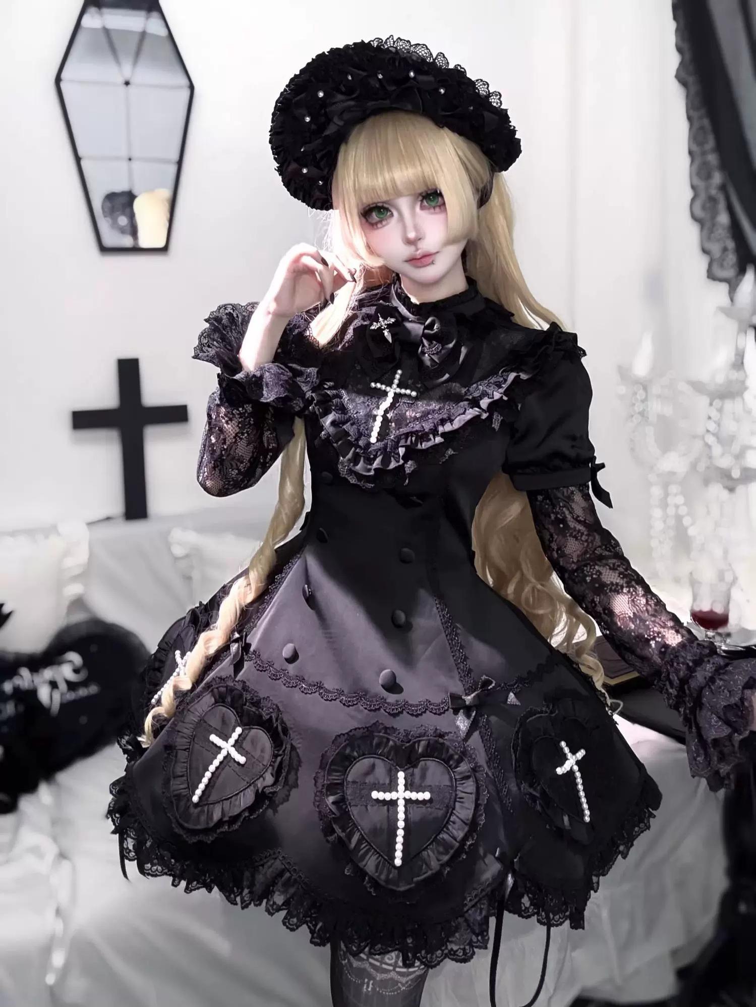 Nocthymn Cross - Gothic Lolita OP Dress with Pearled Cross, Detachable Sleeves 45813:863459