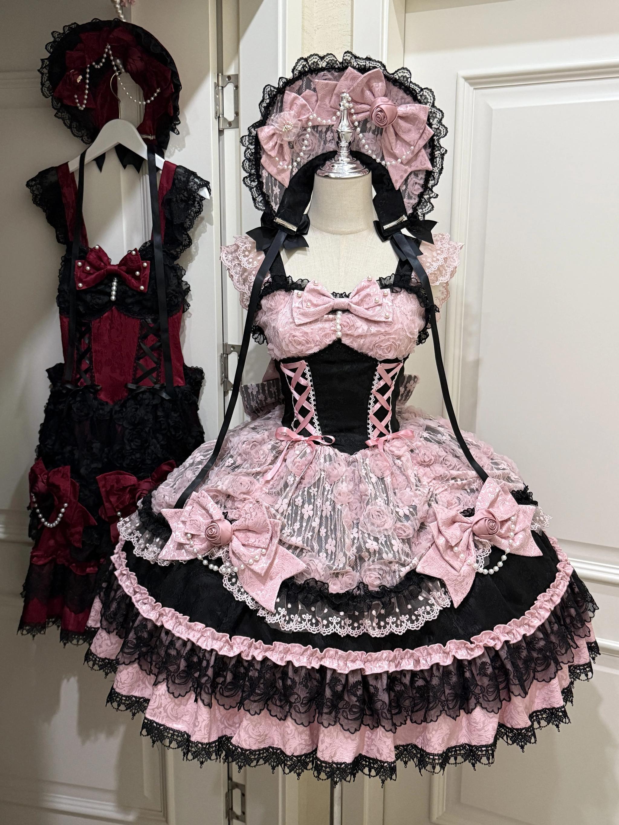Sugar Girl - Rose Princess - Halloween Gothic Lolita JSK, Sheer Rose Dress Black-Pink JSK Only S