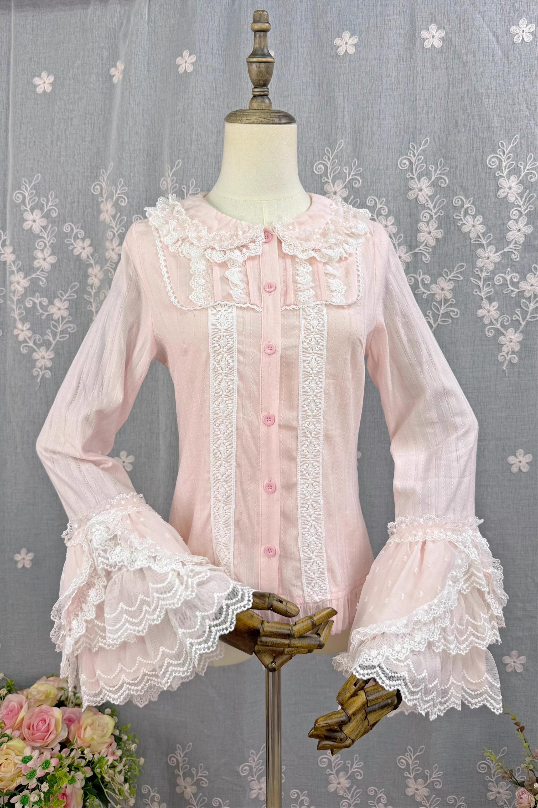 DMFS Lolita - Spiral Candy - Sweet Lolita Long Sleeve Cotton Shirt, Lace Accents