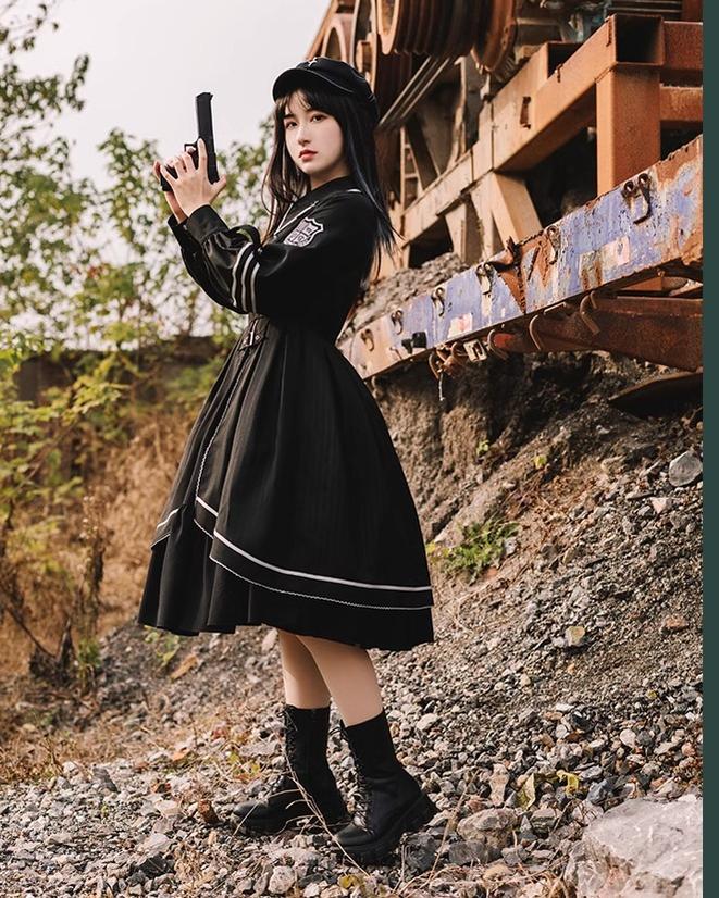 (BFM)With Puji~Devoted War Machine~Military Lolita Black OP Dress and Cloak   