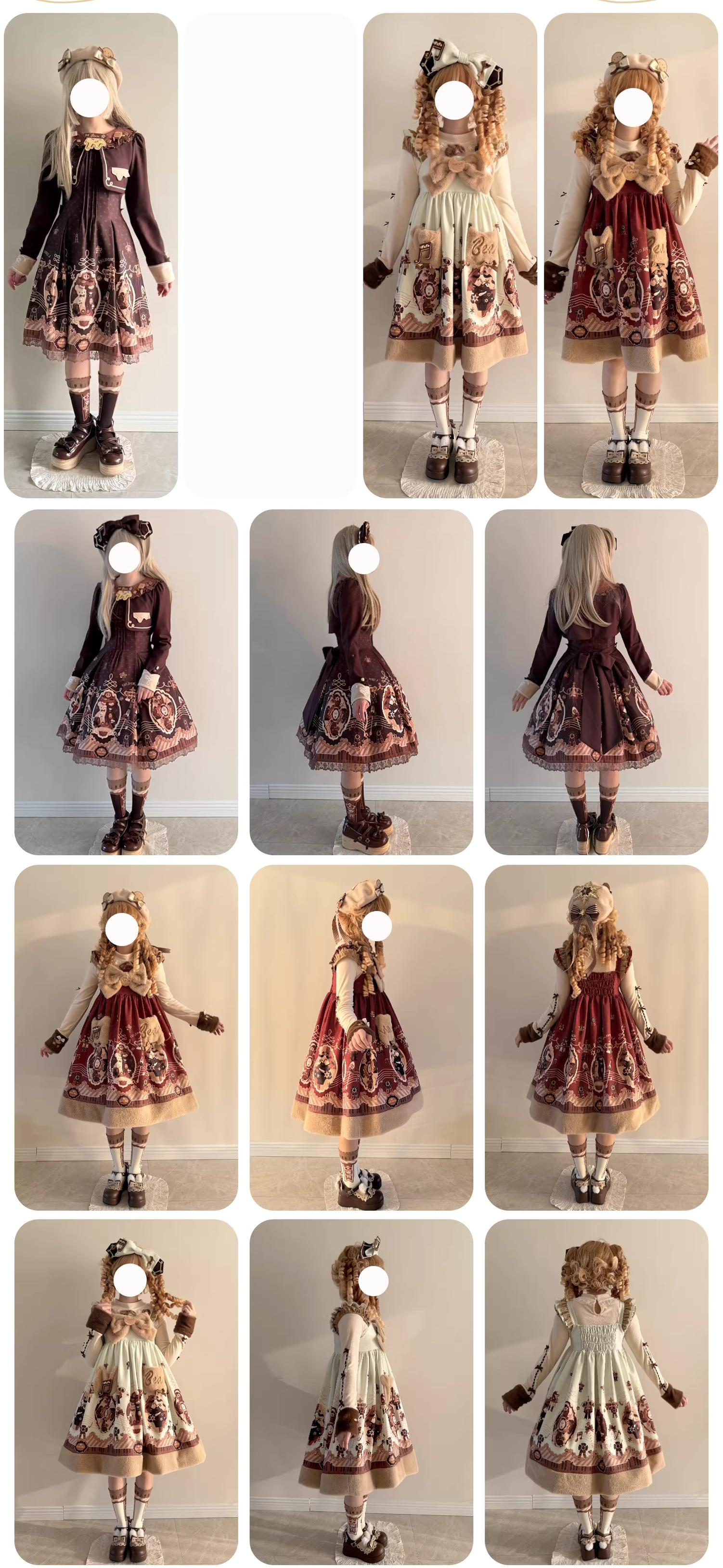 Cream Bear - Print Kawaii Lolita Fake Two-Piece OP, A-lined JSK Dress 44502:811690