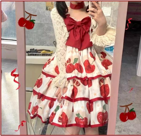 Polaris Lolita~Cherry Crown~Sweet Lolita JSK Three-tiered Skirt Dress