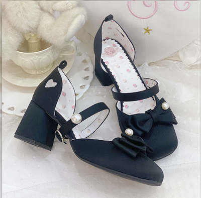 Pure Tea For Dream~Elegant Lolita Satin Mid Heel Shoes 34 black 