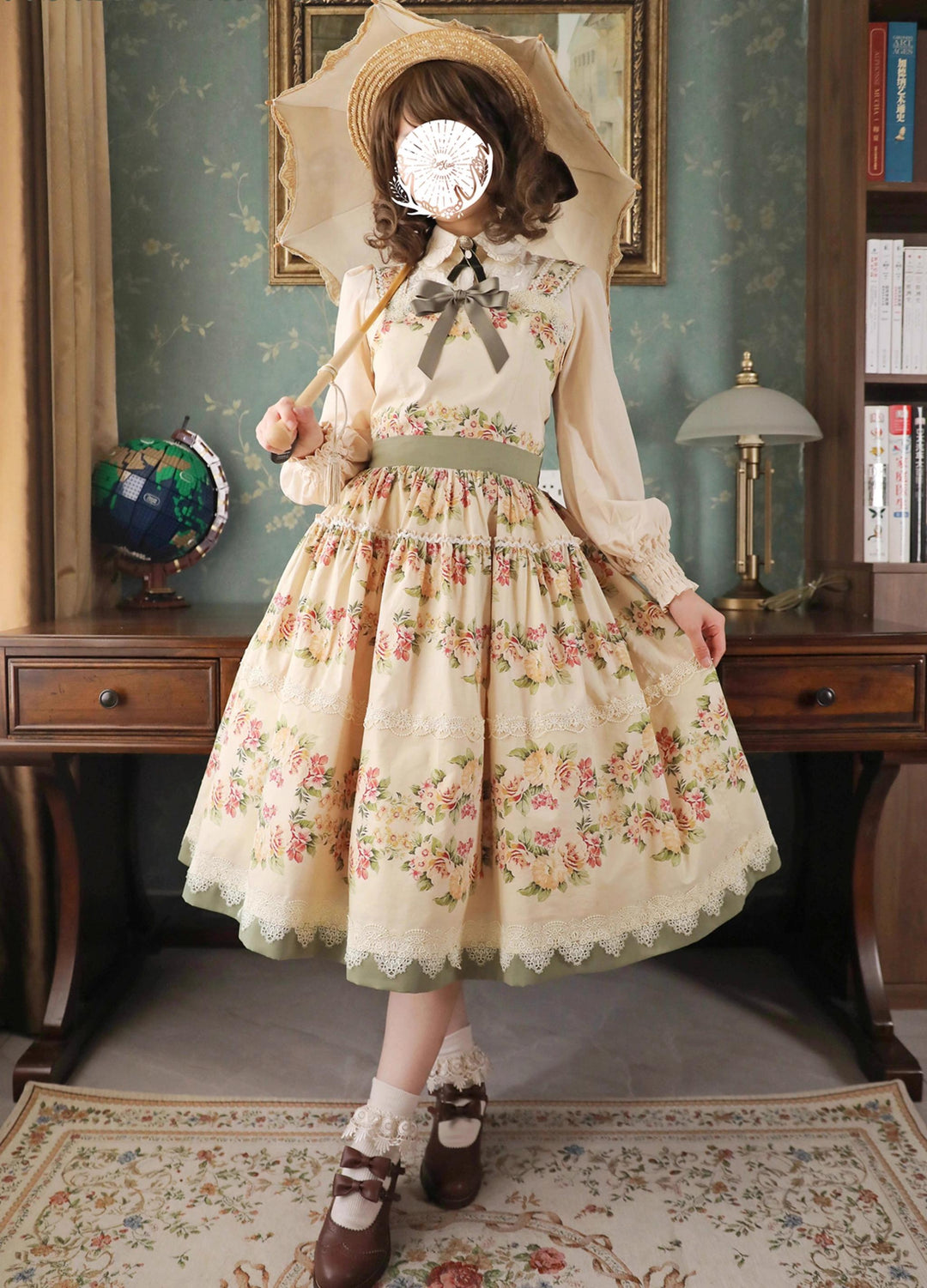 Surface Spell - Blooming Roses Over a Porch - Cotton Elegant Lolita JSK Dress, Floral Print