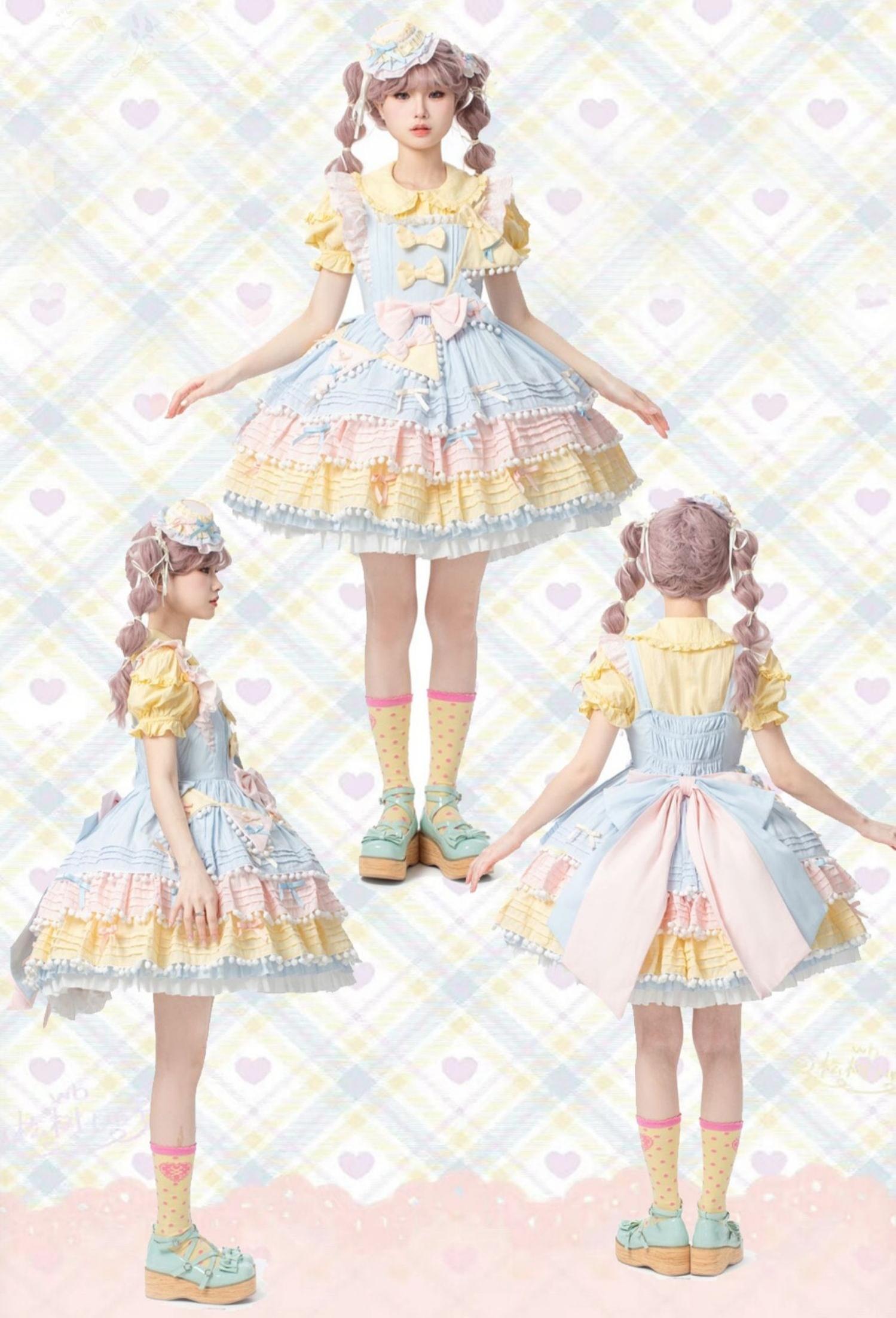 Chubby Cat Diary - Sweetheart Macarons - Sweet Lolita JSK Dress, Pom-pom Accents 44105:796031