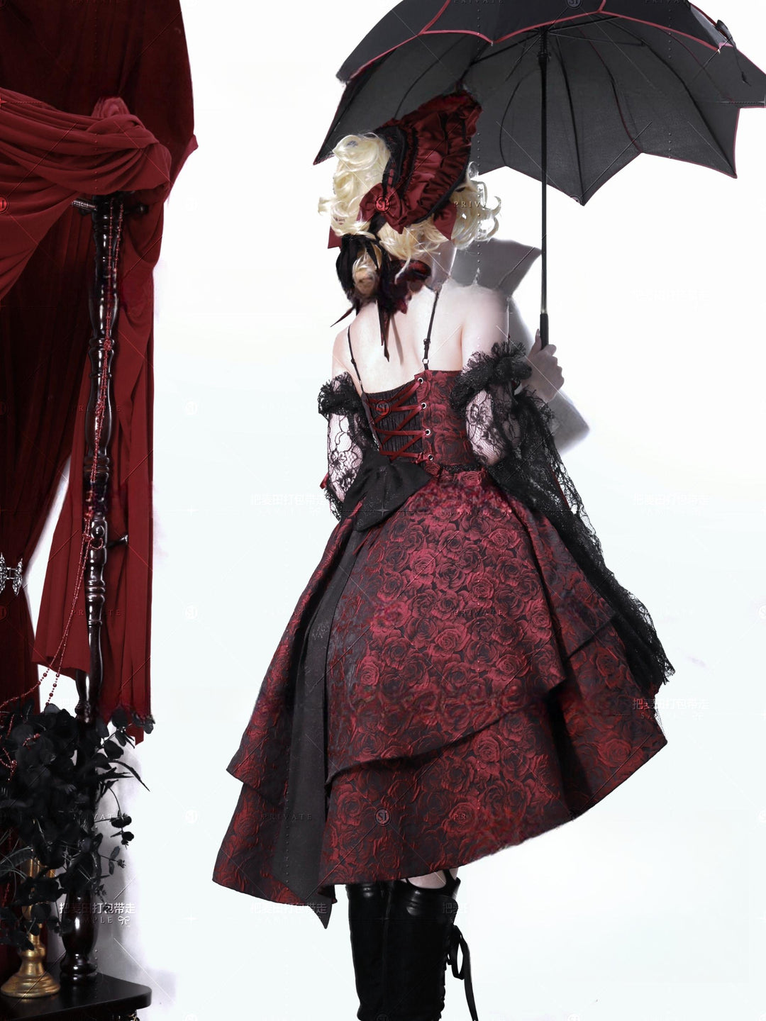 Cornfield Lolita~Rose Blood~Black Red Gothic Lolita JSK Jacquard Court Dress 40688:673094