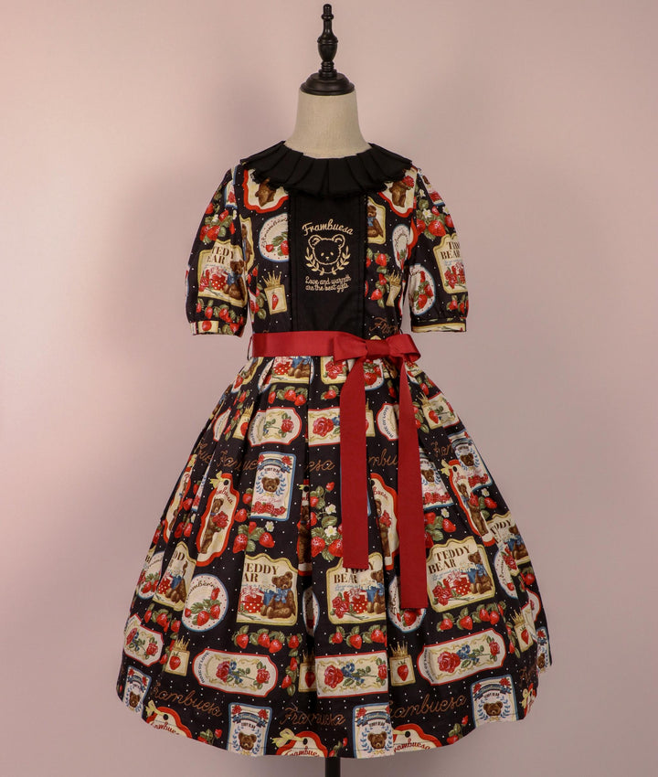 Frambuesa~XiangYe~Sweet Lolita OP Dress Bear Strawberry Prints Dress S (Bear Embroidery) Black 