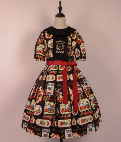Frambuesa~XiangYe~Sweet Lolita OP Dress Bear Strawberry Prints Dress S (Bear Embroidery) Black 