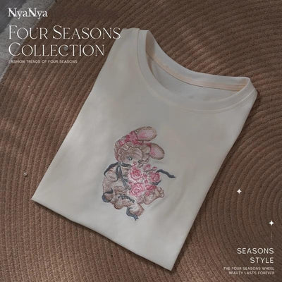 (BFM)NyaNya~Four Seasons Collection~Sweet Lolita T-shirt Summer Loose Fit Embroidered T-shirt S White - Rose Bunny 