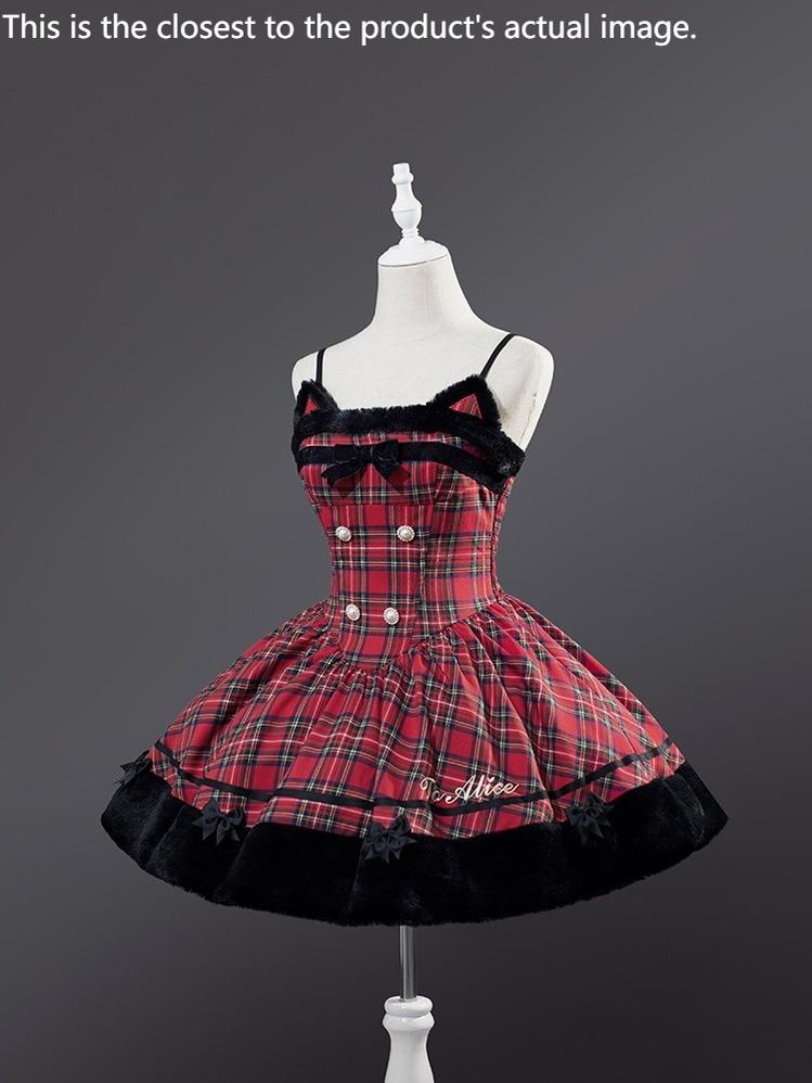 To Alice~Black Cat and Miss~Christmas Sweet Lolita Plaid Dress with Hooded Cape JSK Only S