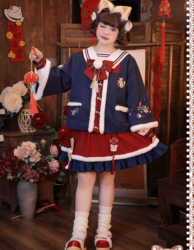 Hard Candy~Tiger~Plus Size Lolita Han Lolita Winter Dress Set 2XL blue coat 