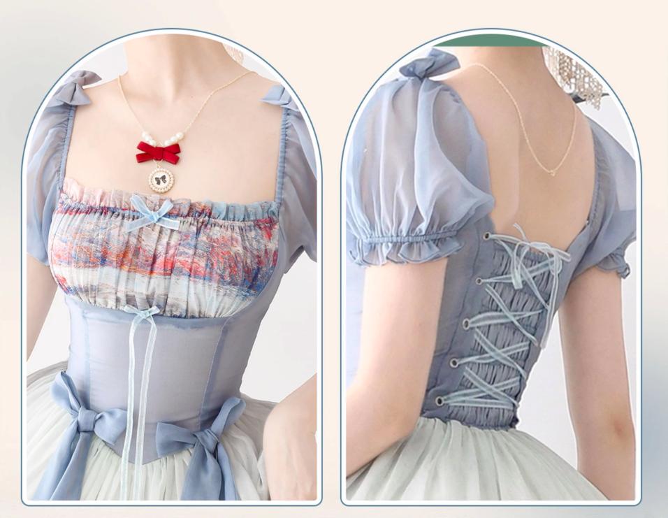 Lo-cyan Lolita - Island Garden - Elegant Lolita OP Dress Oil Painting Print V-Waist Bow Dress