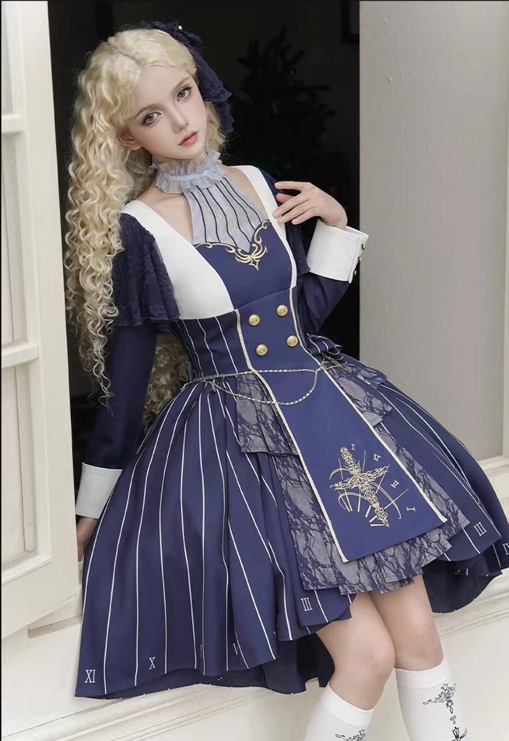 The Choir of the Church - Striped Gothic Lolita Dress Set, High-low Hem