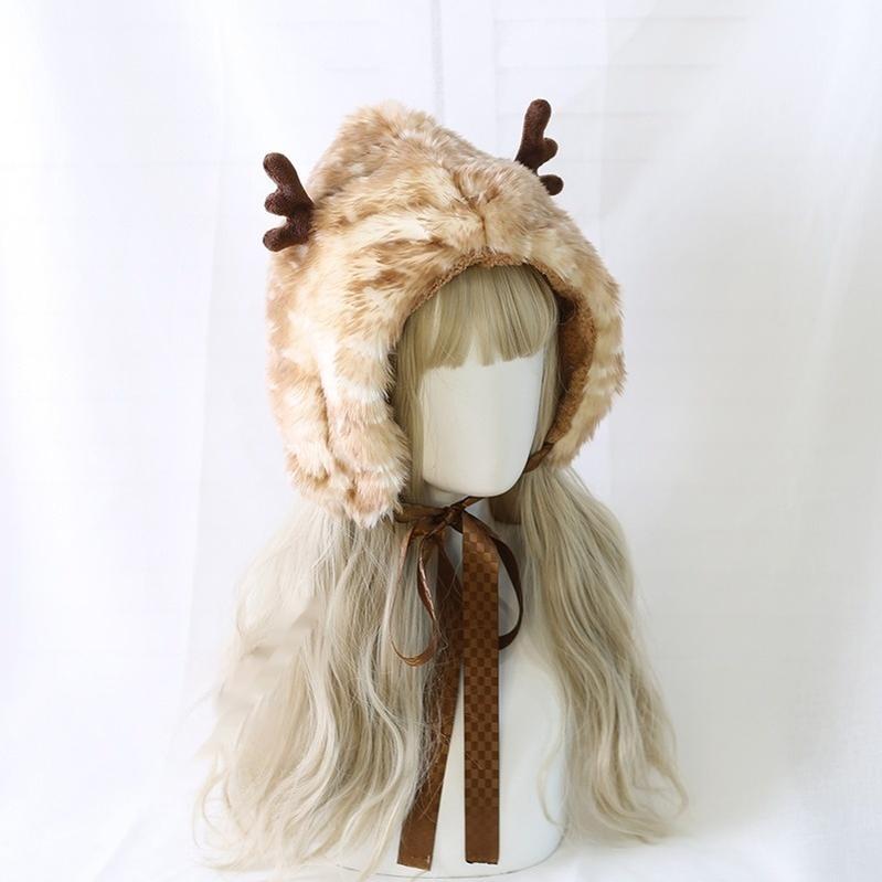 Xiaogui~Deer Spot~Japanese Kawaii Lolita Hat Cute Antler Fleece Lei Feng Hat   