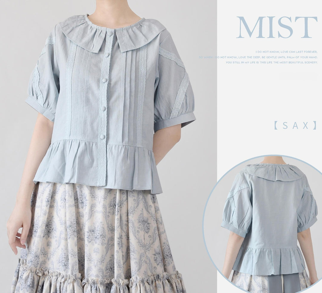 MIST~Spring Retro~Cotton Kawaii Lolita Shirt with Ruffled Neck and Lace Detail (L M S XL) 42777:753218