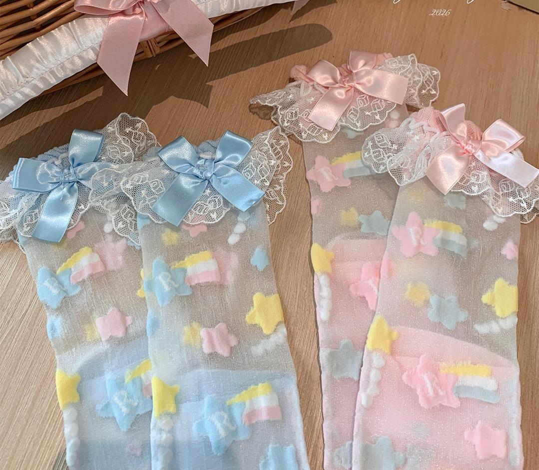 Sweet Lolita Star Embroidered Socks with Colorful Satin Bow 45610:855364