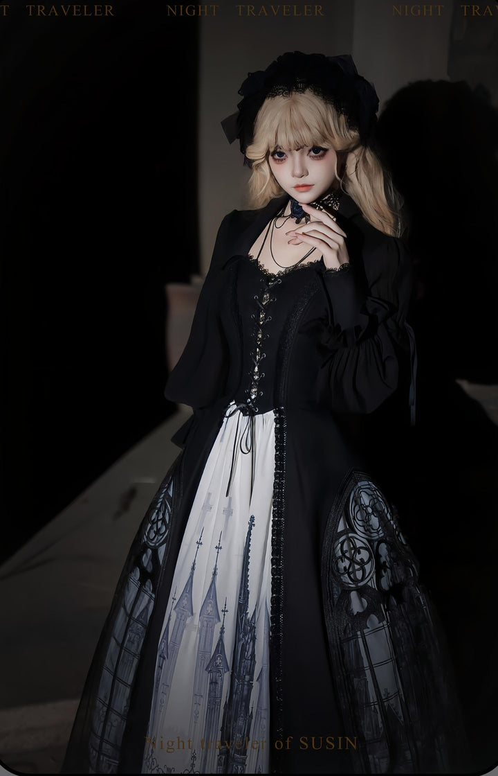 Susin Lolita~Night Traveler~Gothic Lolita Skirt Outfit Long Coat Shirt and Bustier Set